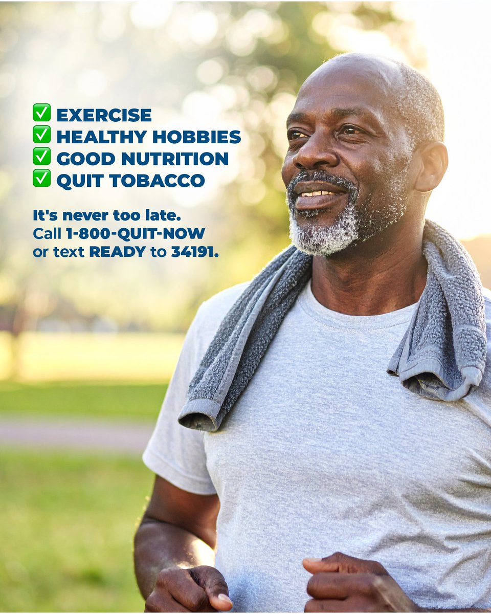 MDHealthDept's tweet photo. Regular exercise, hobbies, and good nutrition are keys to active aging and a healthy brain — and supporting your quit journey! It’s never too late to quit smoking. Need support? Call 1-800-QUIT-NOW or text READY to 34191. #ActiveAgingWeek. https://t.co/XcHB8CZhZJ