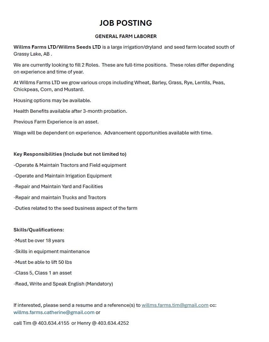 Anyone Interested in working at a farm In Grassy Lake.  Learn about the seed industry and farming!  Have experience on the farm let me know and we may be the right fit for you!
