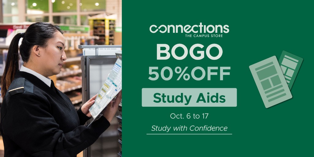 ACCampusService's tweet image. 📣BOGO 50% OFF Study Aids at Connections Bookstore!

Master your material with our study aids — now Buy One, Get One 50% Off until October 17.

🔗Click the link to see some of our study aids or visit us instore! bookstore.algonquincollege.com/main-nav/books…

#AlgonquinCollege #StudyAids #MidtermSeason