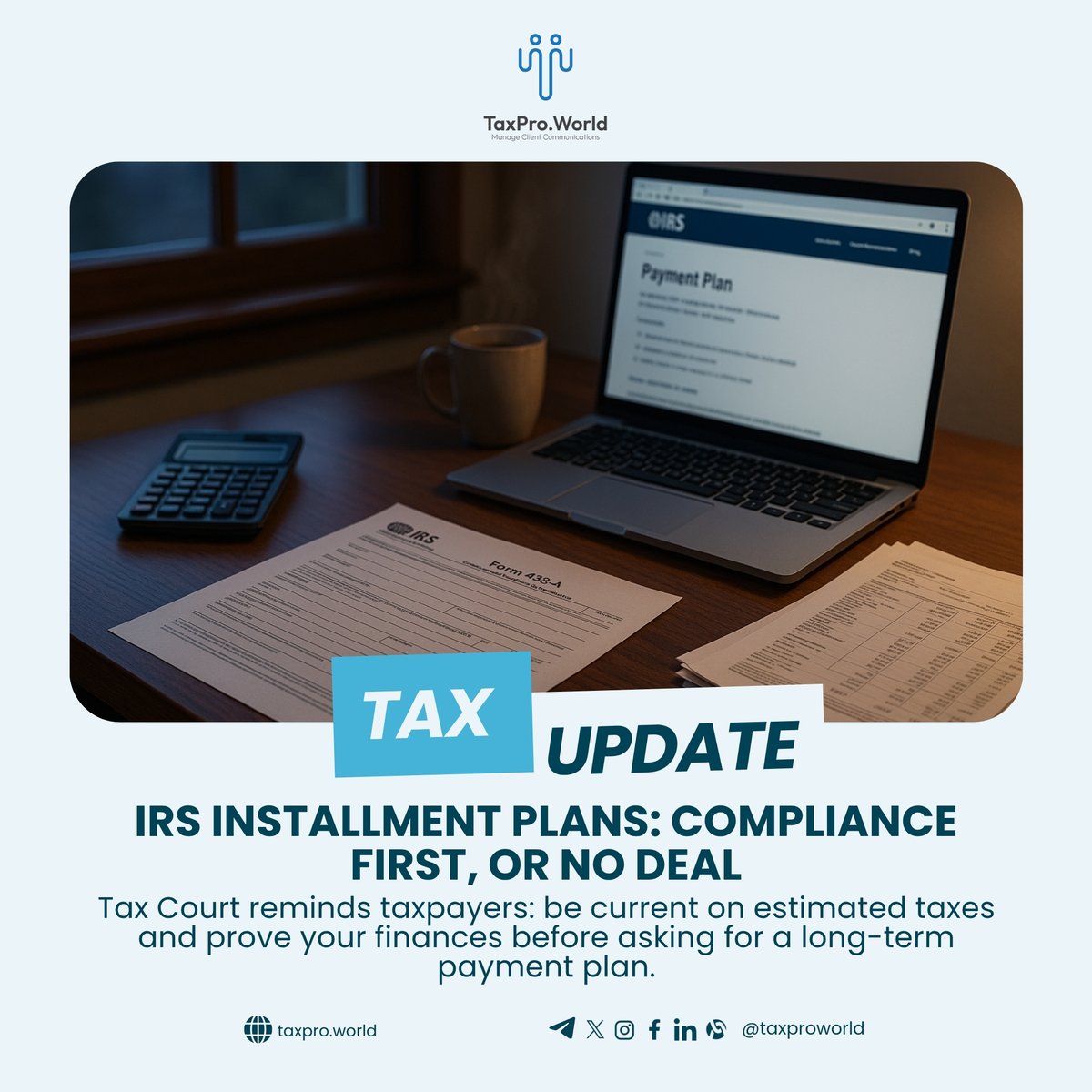 TaxproWorld's tweet photo. Tax Court (T.C. Memo 2025-98): IA denied, taxpayer wasn’t current on estimates + couldn’t support expenses.
Pros: Get clients current, file Form 433, document “necessary” costs before proposing terms.

#IRS #TaxCourt #TaxPros https://t.co/QmFu6D1wym