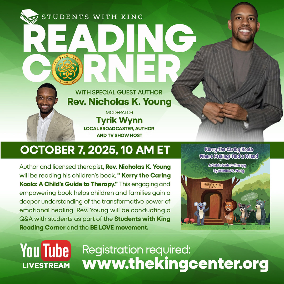 TheKingCenter's tweet photo. #Schools #Families #Classrooms #Teachers: Join #TheKingCenter TOMORROW at 10am ET, for our next #virtual #StudentsWithKing Reading Corner.
#MLK #BeLove #Character #Hope #Leadership #Literacy #Youth #CorettaScottKing #Children #ChildrensBook https://t.co/6ZnSNdC3R4