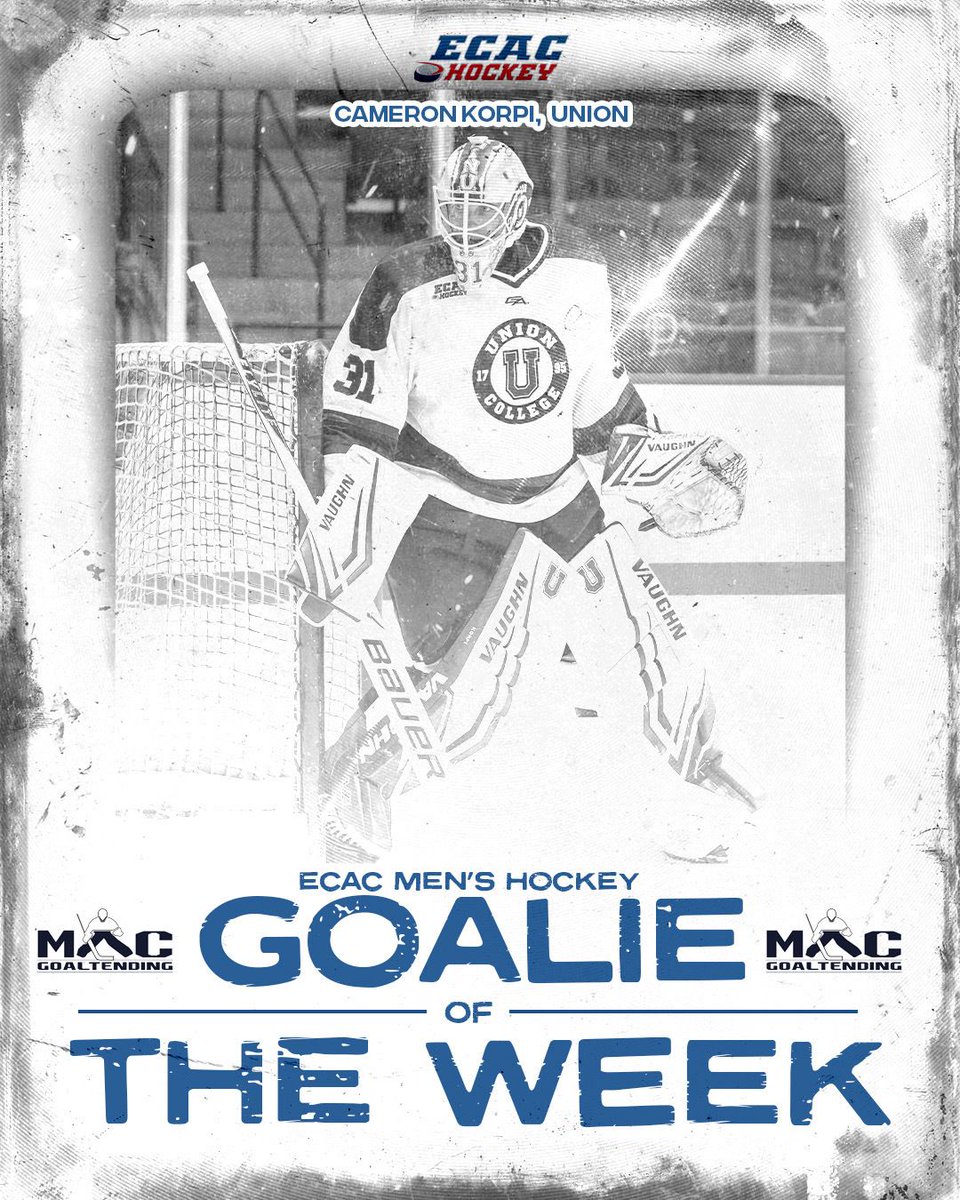 <a href="/bluebirdhotels/">Bluebird Hotels</a> <a href="/QU_MIH/">Quinnipiac Men's Ice Hockey</a> <a href="/ClarksonMHockey/">Clarkson Men’s Hockey</a> .@macgoaltending Goalie of the Week:
Camerson Korpi (@UnionMHockey) posted 0.93 goals against, had 25 saves, and had a .962 save percentage in their 1-1 tie against Army.  

#ECACHockey