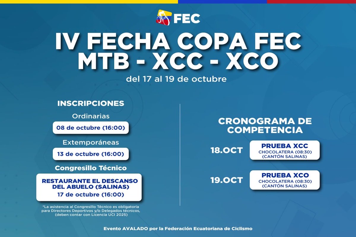 FedeCiclismoEcu's tweet photo. ¡La acción se muda a la costa ecuatoriana! 😎
Salinas será sede de la IV Válida de la #CopaFEC de MTB XCC - XCO
¡No te quedes fuera!
Inscríbete aquí 👉 https://t.co/2PyxtEdnCZ
#RenovandoPedales https://t.co/aJgSD5xOLO