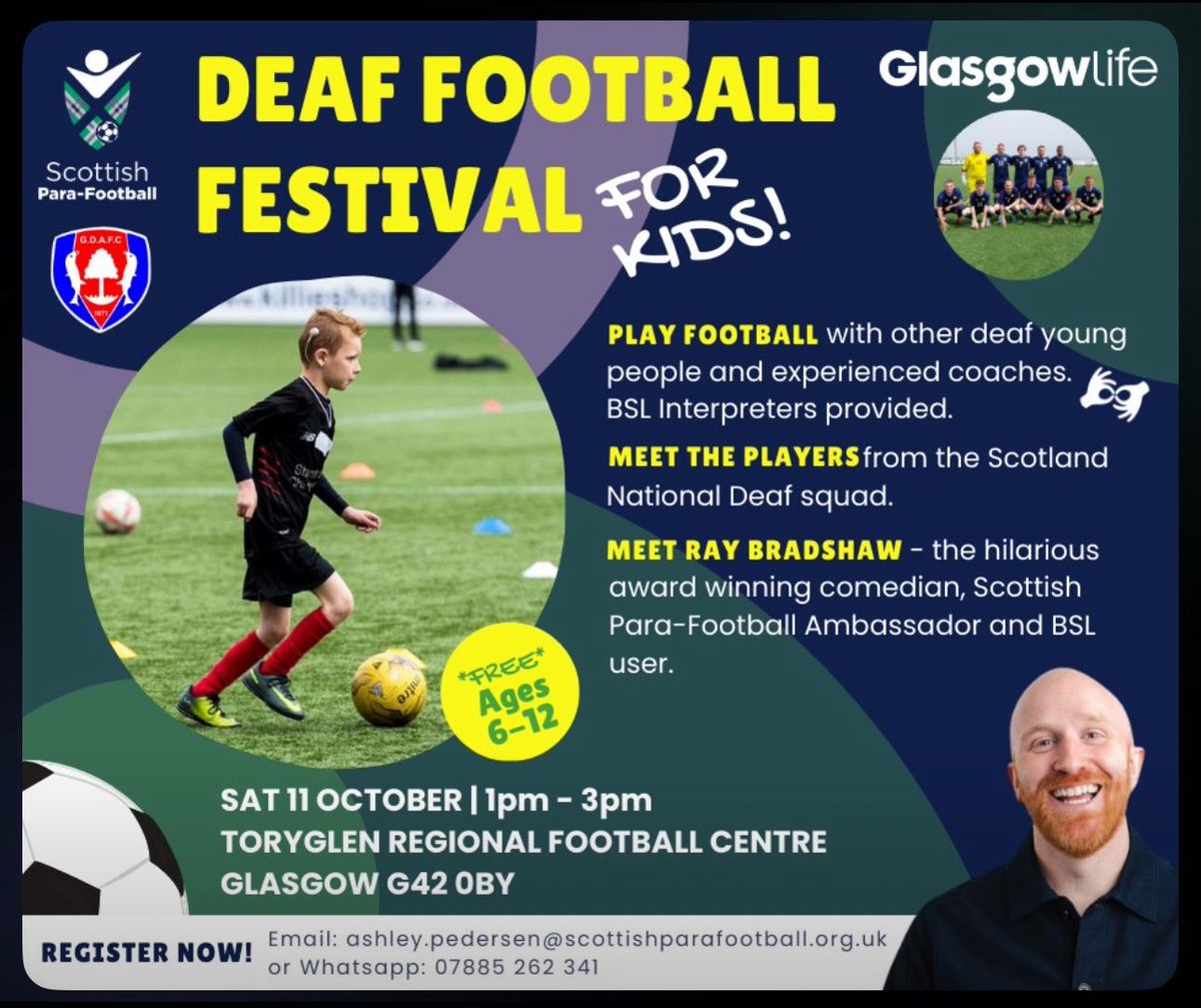 Proud to see Scottish ParaFootball, <a href="/GlasgowDeaf/">Glasgow Deaf Futsal</a> &amp; Glasgow Life team up for Saturday’s inaugural Deaf Football Festival at <a href="/ToryglenRegFC/">Toryglen Reg FC</a>. Great example of collaboration serving marginalised communities. Joined by award-winning comedian <a href="/comedyray/">Ray Bradshaw</a>!
Sign up if interested!
