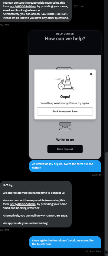 TobyGwynne's tweet photo. @Uber_Support it's not going great guys. The DM bot hasn't quite clocked on and keeps repeating the same thing. https://t.co/QJw3e2VTcz