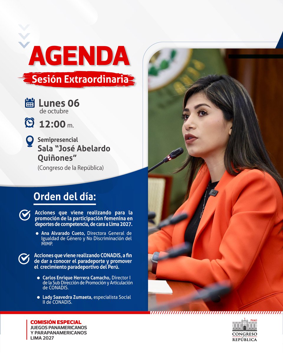 📌 Hoy en nuestra sesión extraordinaria, presidida por la congresista <a href="/dianagonzalesd_/">Diana Gonzales Delgado</a>, abordaremos la participación femenina en el deporte y el impulso del paradeporte rumbo a #Lima2027 con representantes <a href="/MimpPeru/">Ministerio de la Mujer y Poblaciones Vulnerables</a> y <a href="/MimpConadis/">MIMP Conadis</a>.