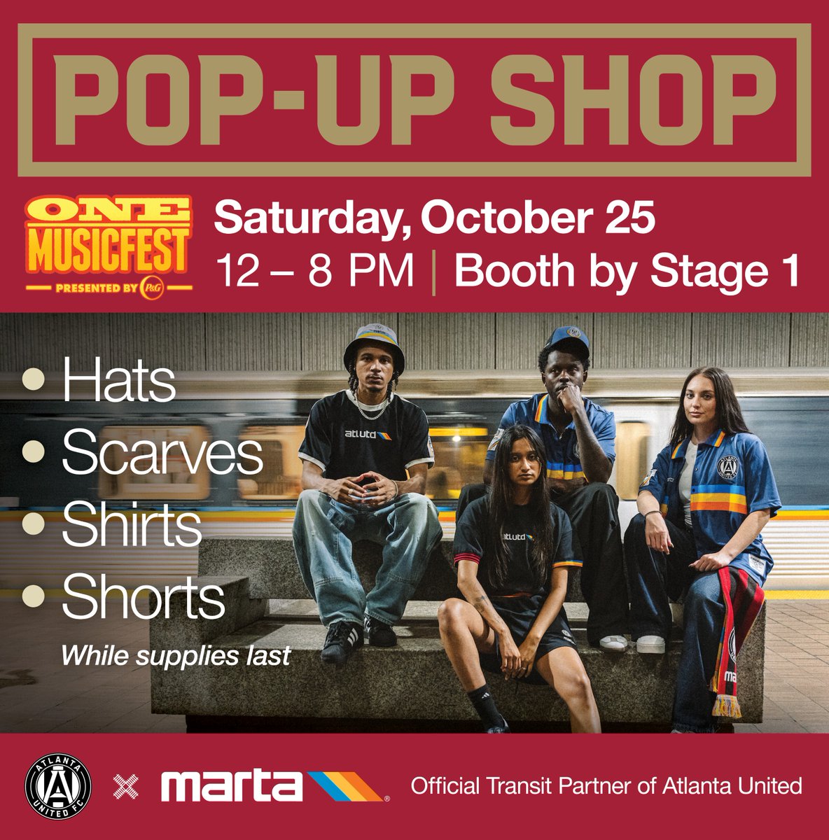 MARTAtransit's tweet photo. 📅 #SaveTheDate
Stop by our exclusive Pop-Up Shop at @ONEMusicFest!
📍 Saturday, October 25
🕛 12 PM to 8 PM
🎪 Booth by Stage 1

👕 Shop limited-edition hats, scarves, shirts, and shorts
⚠️ Limited quantities! Get it while it lasts!

#LetMARTADrive — Take MARTA to Midtown or Arts Center Station for easy access to Piedmont Park.

#ONEMusicfest #ATLUTD #MARTA #PopUpShop #ATL #Fashion 🎶🛍️