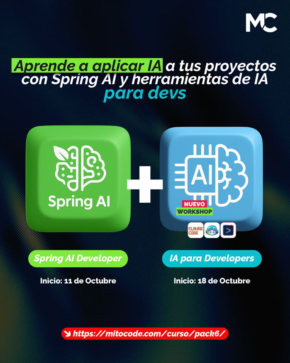 mitocode's tweet image. 🚨 INICIAMOS PRONTO  🚨

Aprovecha los PACKS DE CURSOS por tiempo limitado 🚨

✅ Arquitectura Hexagonal + Kafka Java Developer
buff.ly/Sgg1uLU

✅ Spring AI Developer + IA para developers
buff.ly/G6t4mIV
.
#mitocode #programador #programacion #tecnologia #java