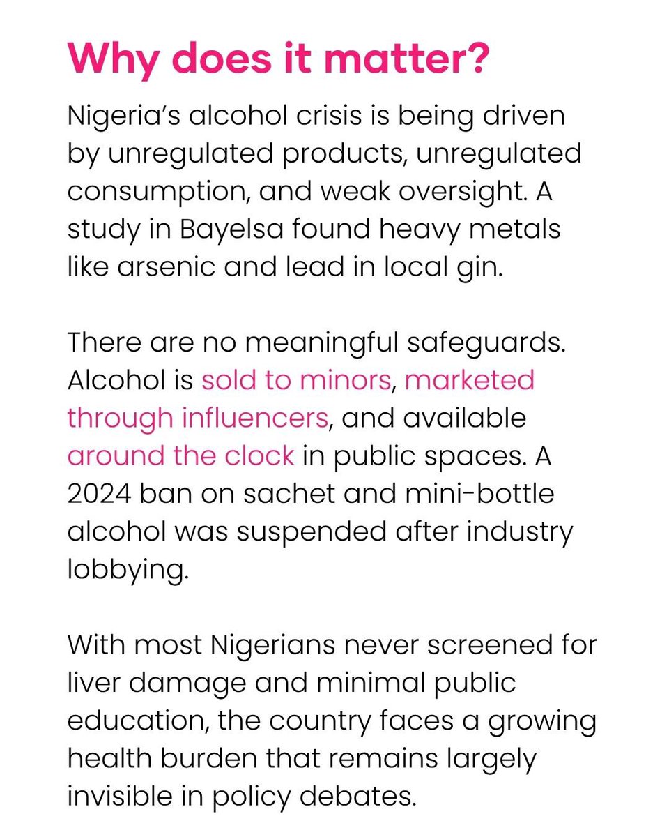 wearegst's tweet image. Over half of Nigerians above 15 drink, yet regulation is almost nonexistent. 

Toxic brews flood our streets while liver deaths keep rising this is a slow-motion health crisis we’re ignoring.
