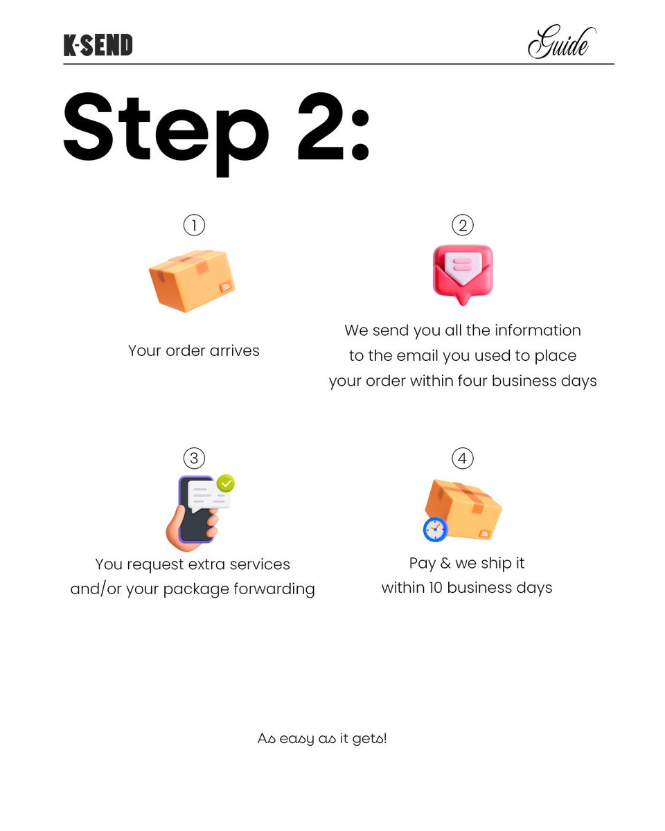 KSENDUSA's tweet photo. Bureaucratic and complicated process? Not here! 🙅‍♀️

We’re bringing you the EASIEST (and we mean the EASIEST) guide on how to use K-SEND to forward your packages in a practical, safe, and economical way. 💖📦✨Still have questions about how to do it? Drop a DM on our IG! https://t.co/TilidflJKf