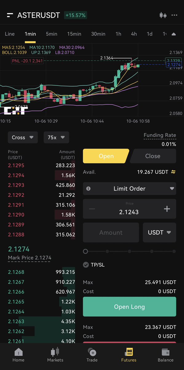charlie_czr's tweet image. 🚀 Trading $ASTER/USDT — +15.57% and climbing.

Running 75x cross on CZR Futures — pure momentum, tight setup, clean entry.
Patience and precision pay every time. ⚡️

Let’s move.
👉 czrex.com

#CZRExchange #CryptoTrading #ASTER #Futures