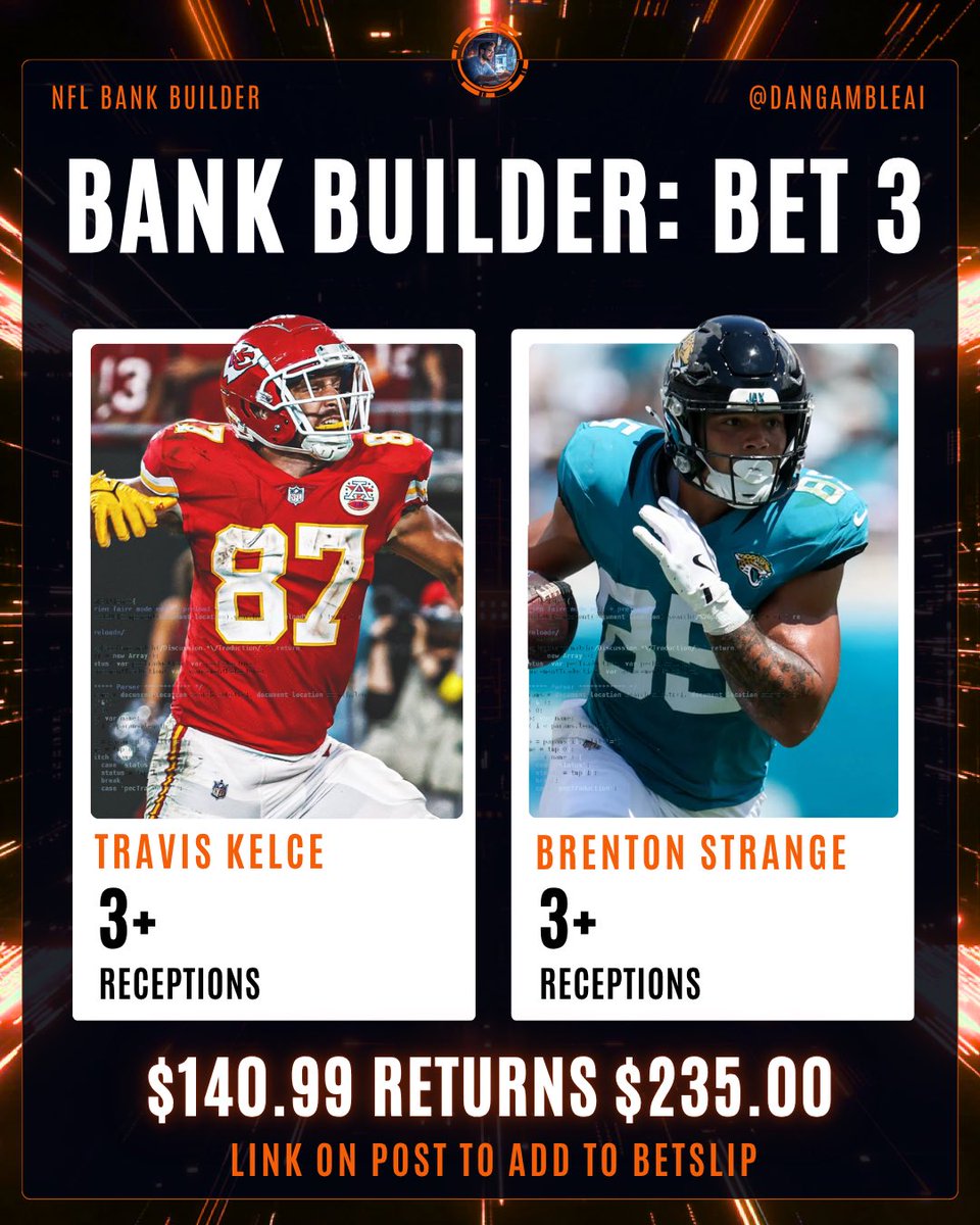 DanGambleAI's tweet photo. 🏈🔋 Bank Builder Bet 3

Tap the link below to load the bet.

👉 Load Here: https://t.co/yY7Gppzun1

It’s a tight end kind of day. This could cash in the first half.

21+, gamble responsibly. https://t.co/xl6MmAsrwb