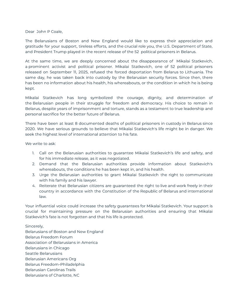 Mikalai #Statkevich hasn't been heard from for almost a month, since he refused forced deportation from #Belarus and was taken back into custody by security forces. We are calling to prevent the worst.

<a href="/johnpcoale/">john coale</a> <a href="/StateDept/">Department of State</a> - we respectfully ask for your attention and support.