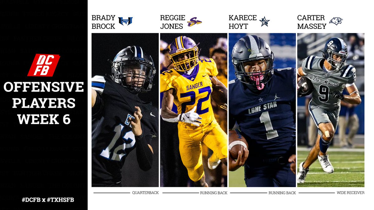 Let's shift over to the offensive side of the ball.

<a href="/Brady_Brock08/">Brady Brock</a> | <a href="/HebronFootball/">Hebron Hawks Football</a> 
<a href="/DaReggieJones22/">Reggie Jones</a> | <a href="/SangerFB/">Sanger Indian Football</a> 
<a href="/Karece_Ku2_Hoyt/">Karece Hoyt</a> | <a href="/LSHS_FBRecruits/">Lone Star HS Football Recruiting</a> 
<a href="/carterMassey9/">Carter Massey</a> | <a href="/JagFootball/">Flower Mound Jaguar Football</a> 

#DCFB x #TXHSFB 

dentoncountyfb.com/week-6-offensi…