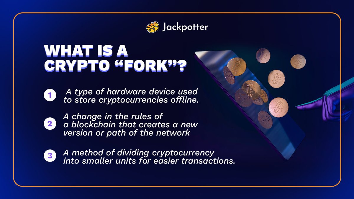 It’s crypto time! 💥 🔄 What is a “Crypto Fork”?

🔁RT + Tag a friend  +  Drop your answer + Jackpotter Username  to enter!

✅The 10 random users will each receive a Custom Box packed with Free Spins and other prizes! 🎁