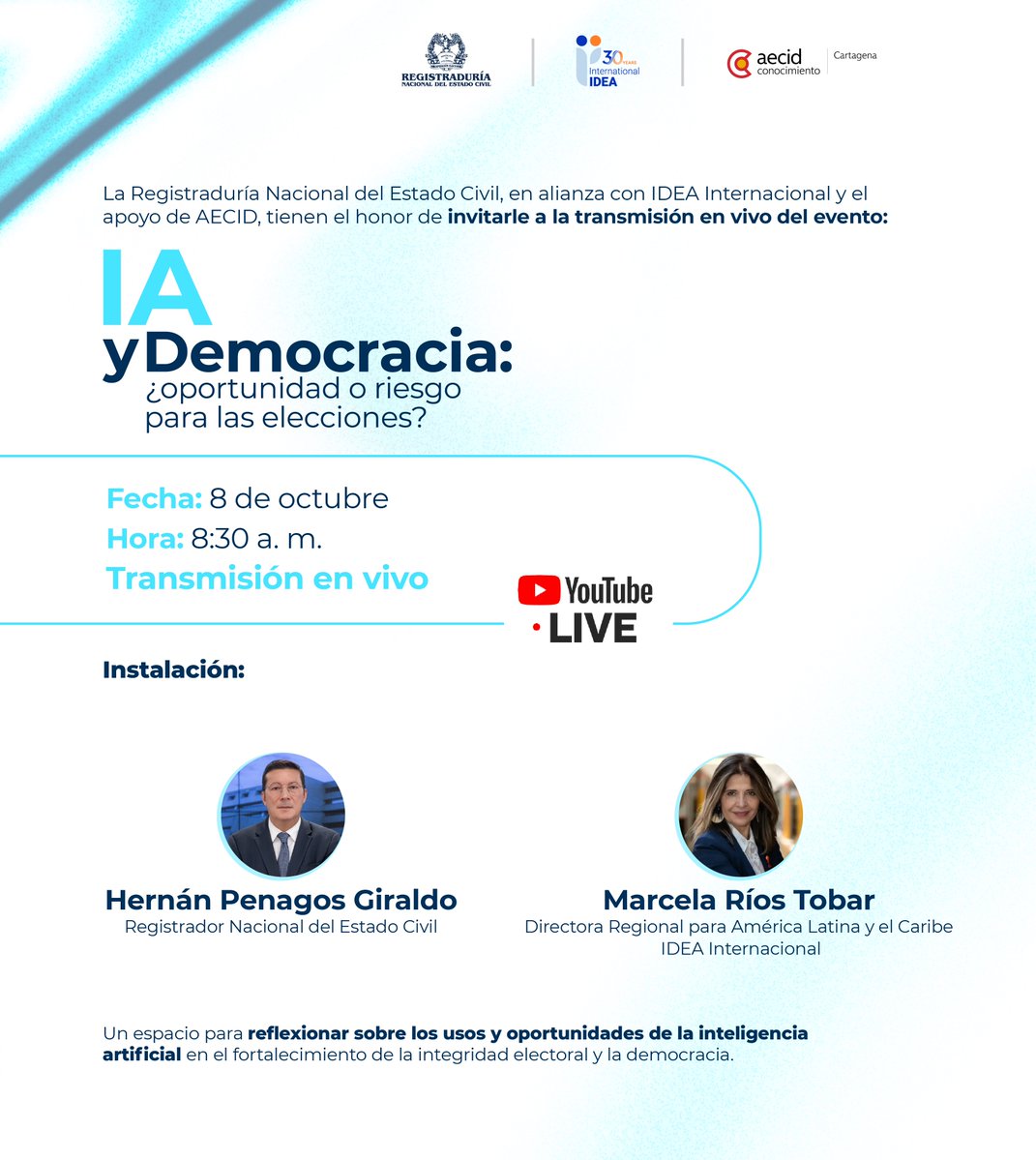 Registraduria's tweet image. La Registraduría Nacional del Estado Civil e IDEA Internacional continúan fortaleciendo los espacios de diálogo sobre integridad electoral en la era digital.

Te invitamos a ser parte de esta reflexión regional  IA y Democracia: ¿oportunidad o riesgo para las elecciones?

Este…