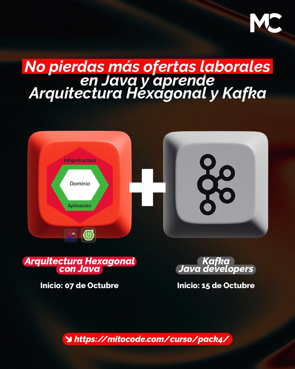 mitocode's tweet image. 🚨 INICIAMOS PRONTO  🚨

Aprovecha los PACKS DE CURSOS por tiempo limitado 🚨

✅ Arquitectura Hexagonal + Kafka Java Developer
buff.ly/Sgg1uLU

✅ Spring AI Developer + IA para developers
buff.ly/G6t4mIV
.
#mitocode #programador #programacion #tecnologia #java