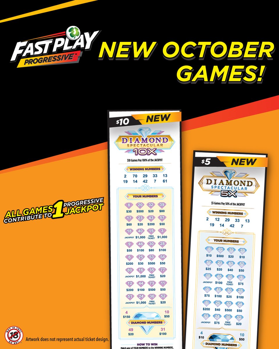 NJLottery's tweet image. October is here which means new #FastPlayProgressive tickets just dropped! ⏩ Get all new $5 Diamond Spectacular 5X and $10 Diamond Spectacular 10X #FastPlayProgressive tickets TODAY! For more information, visit NJLottery.com/FastPlay. 🔥