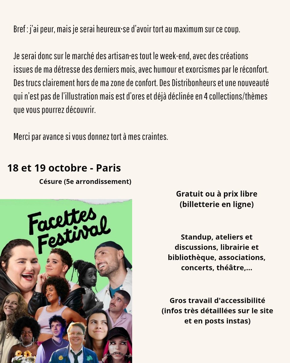 C'est décousu et en bordel, mais "re" (ish)*
Voici des nouvelles et une annonce qui me tient à cœur 

J'espère avoir tort d'avoir autant peur de m'exprimer publiquement
(vu que même sans les réseaux les violences du milieu ne s'arrêtent pas)

facettesfestival.com/facettes-festi…