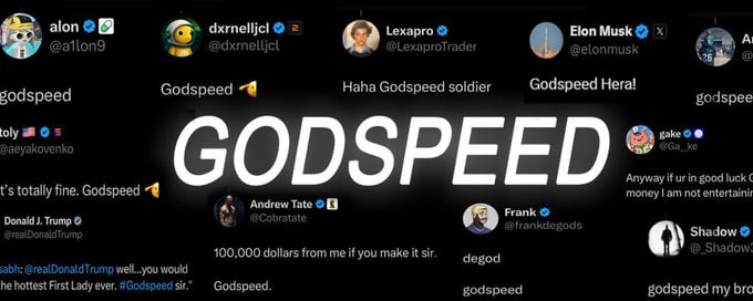 $GODSPEED tweets being made on x every minute.

This is a famous term wishing someone good fortune.

The most famous KOL's have posted saying 'godspeed.'

Elon musk, trump, eric, even tate have all made posts saying godspeed.

$GODSPEED to you all