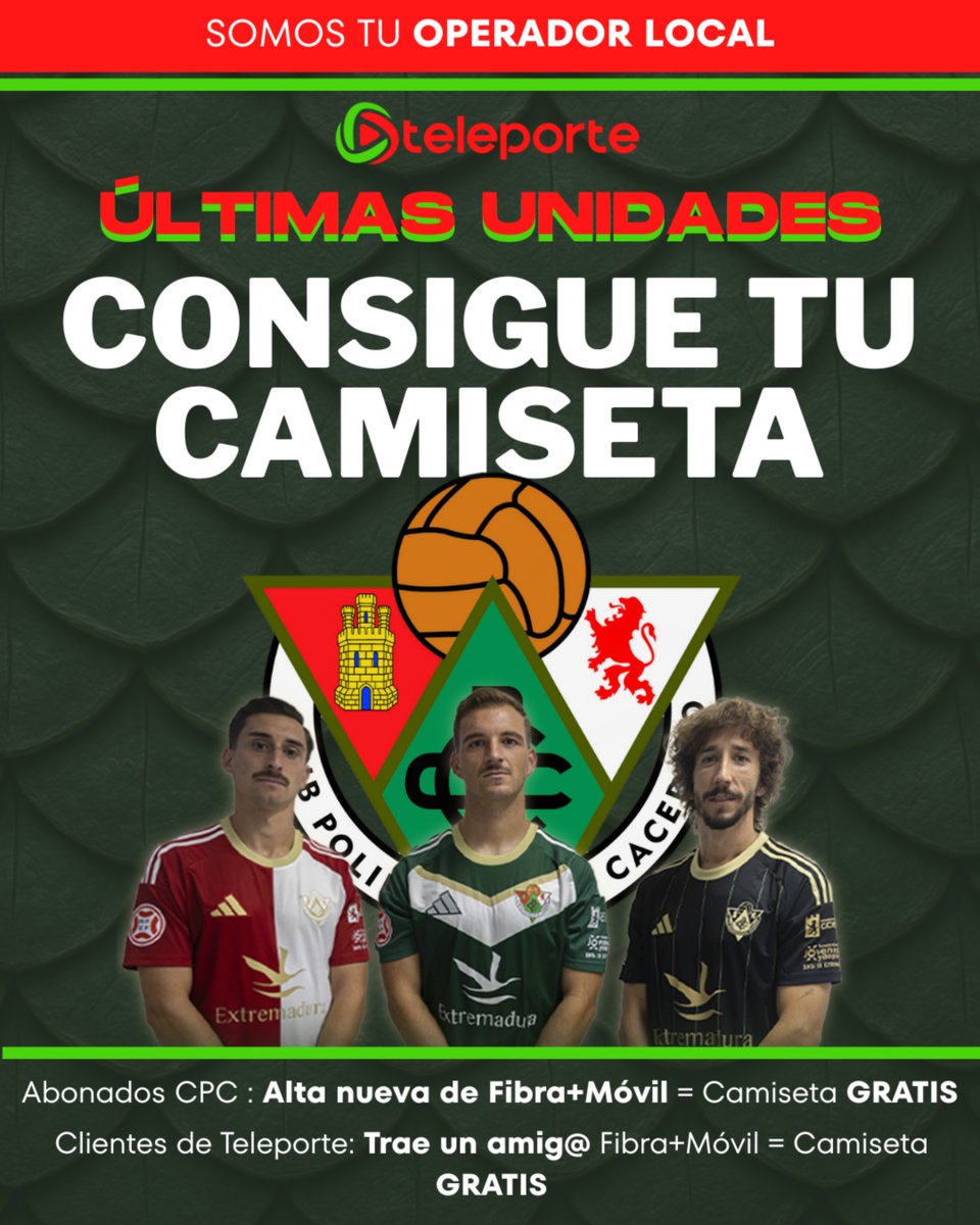 🎽 ¡Últimas unidades!
Consigue la camiseta oficial del <a href="/CPCacereno/">CPCacereno</a> con Teleporte 👇

📲 Alta nueva Fibra+Móvil = Camiseta GRATIS
👥 Trae un amig@ = Camiseta GRATIS

Solo en #Teleporte
📞 927 750 750
📍 teleporte.es/condiciones-de…