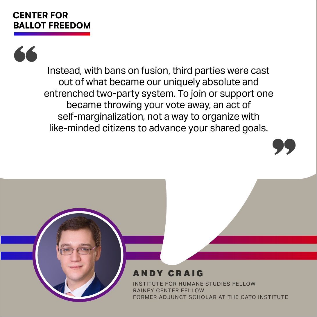 Center for Ballot Freedom (@fusionvoting) on Twitter photo Fusion bans locked third parties out of power and locked voters into a false choice. Supporting a third party became “throwing your vote away” instead of organizing for change. It’s time to rethink the rules of our broken two-party system. <a href="/AndrewRCraig/">Andy Craig</a>
#FusionVoting Fusion bans locked third parties out of power and locked voters into a false choice. Supporting a third party became “throwing your vote away” instead of organizing for change. It’s time to rethink the rules of our broken two-party system. <a href="/AndrewRCraig/">Andy Craig</a>
#FusionVoting