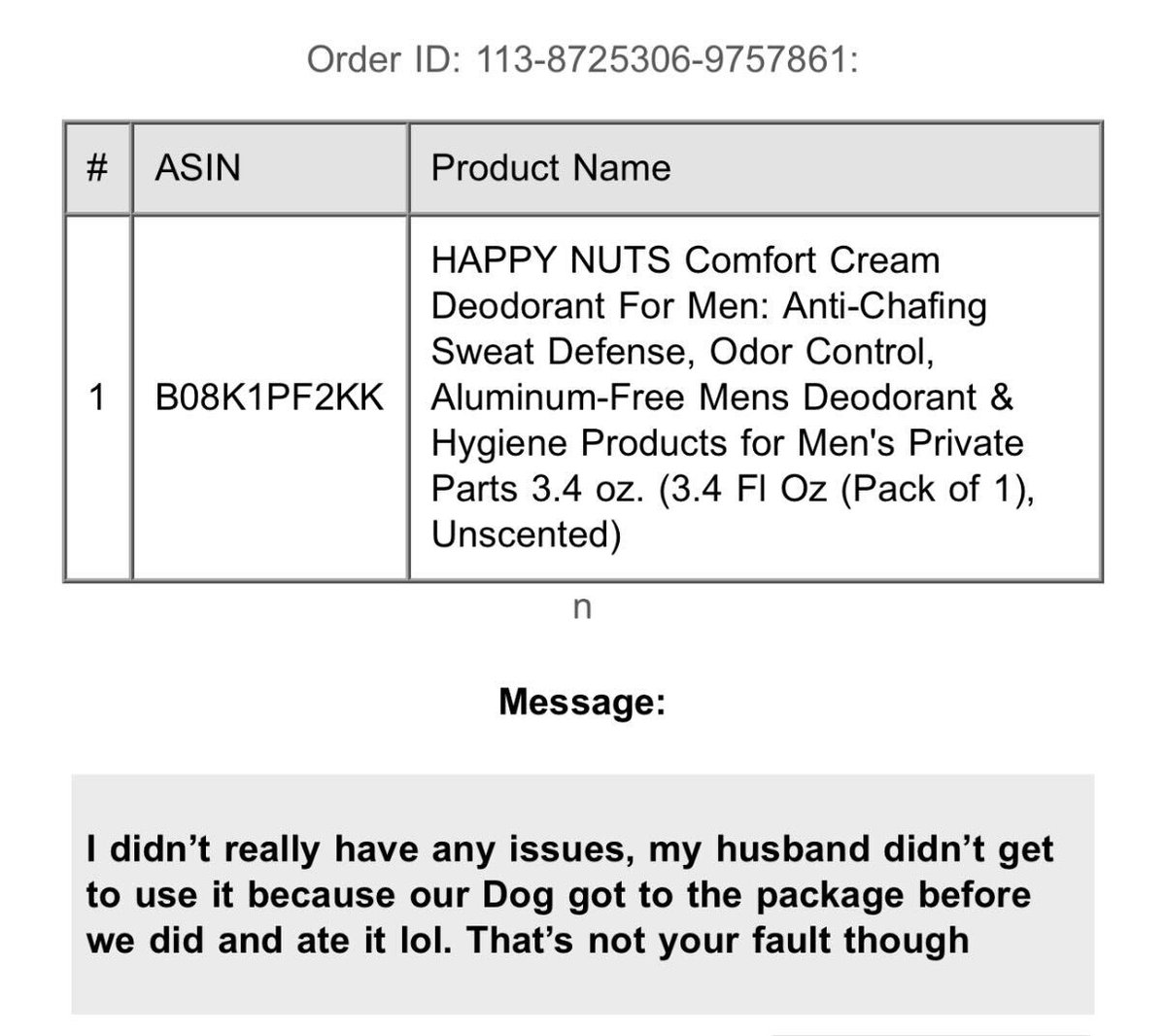I keep a pulse on amazon returns but this one got me  📈 ....Dog ate my Happy Nuts.