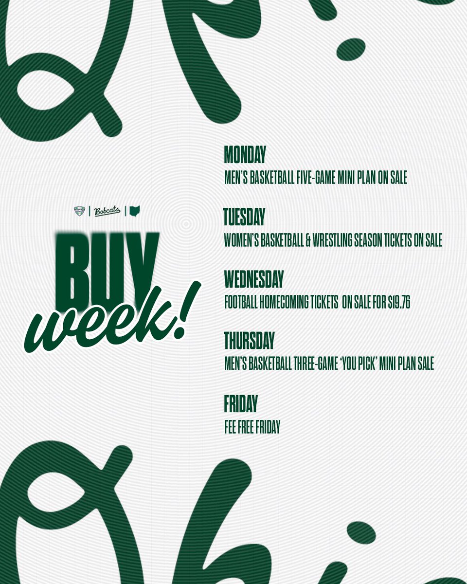 𝗕𝗨𝗬 𝗪𝗘𝗘𝗞 💸

Handle all your ticket needs this week by taking advantage of our ‘Buy Week’ ticket promotions. 📈

You can click the link below to find more details and purchase tickets. ⤵️

💳 » bit.ly/OhioBuyWeekTic…

#OUohyeah