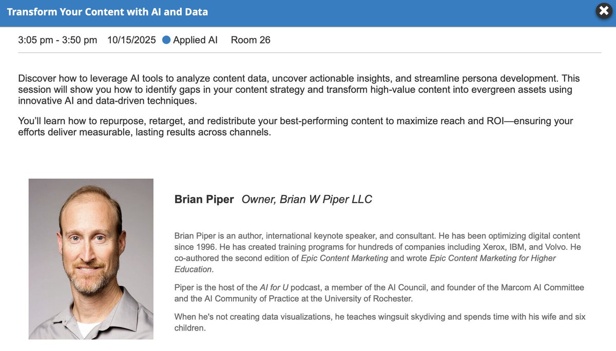 Transforming content with AI and data is what we do best. Can't wait to hear from <a href="/brianwpiper/">Brian W. Piper - AI Integration/Content Consultant</a> at #Maicon2025 for even more insights. Let's create content that converts!