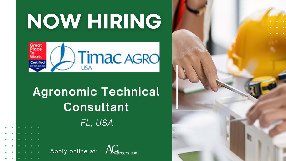 .<a href="/TimacAgroUSA/">TIMAC AGRO USA</a> is #hiring a Agronomic Technical Consultant in FL, USA!

Learn more on #AgCareers! 
ow.ly/ST3K50X6N9K
