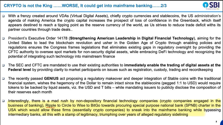 Text on a white background with black font, reading "CRYPTO IS NOT THE KING... WORSE, IT COULD GET INTO MAINSTREAM BANKING... 2/3" and "SBI" logo in the top right corner.