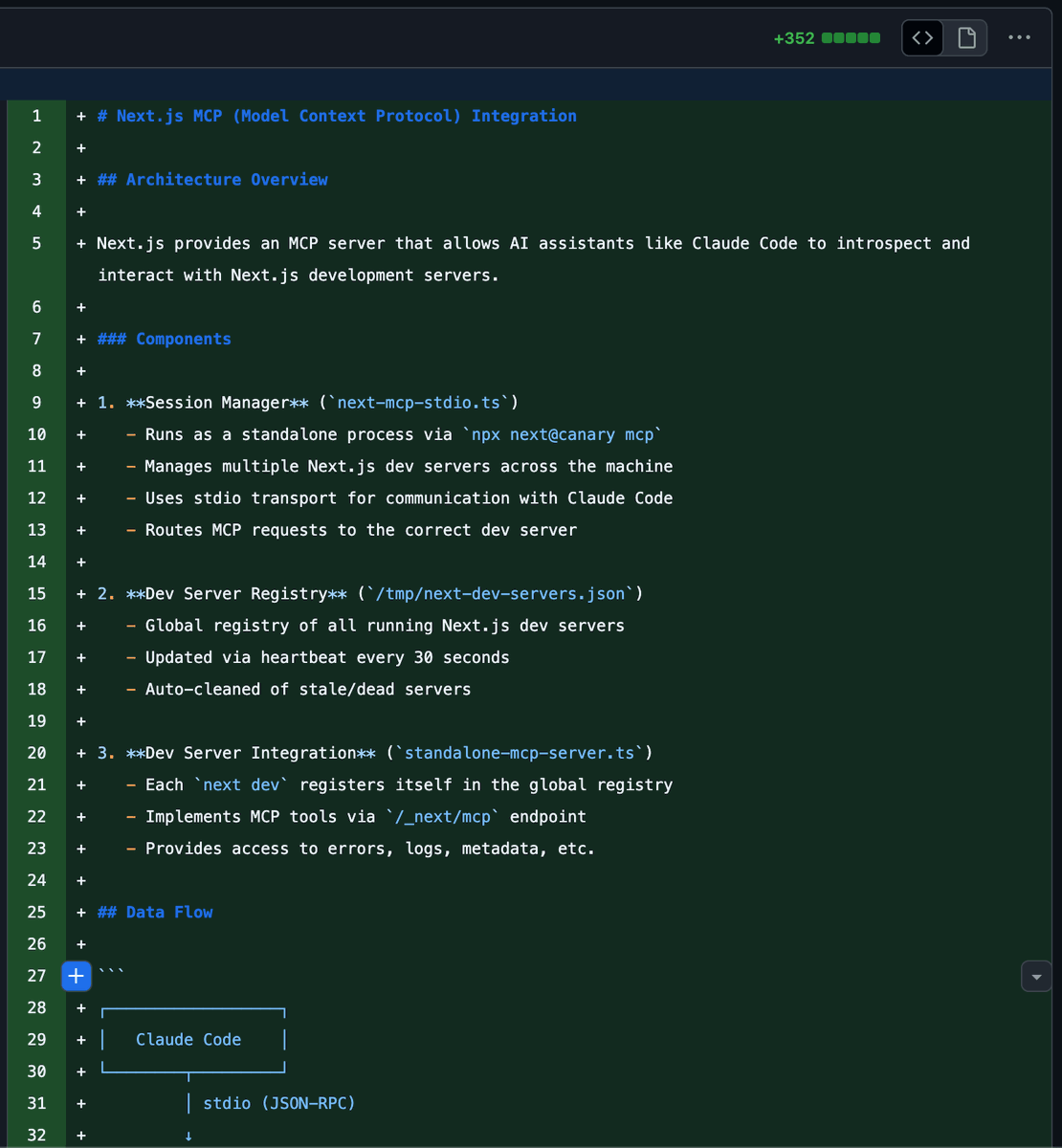 ErfanEbrahimnia's tweet image. 👀 Next.js is getting an MCP server:

- runs with npx next@canary mcp
- lets AI tools see logs &amp;amp; errors from live dev servers
- tracks all running projects
- works across multiple Next.js apps on one machine
