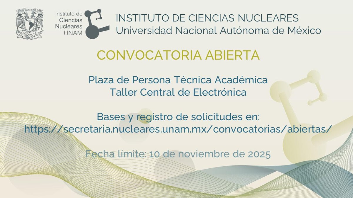 icnunam's tweet photo. 🚨 ¡Nueva convocatoria en el ICN!

Buscamos a una persona  Técnicoa Académica para que esté a cargo del futuro Taller Central de Electrónica ⚙️💡

📄 Consulta las bases y registro de solicitudes: https://t.co/jIsTGr39um

#ICN #UNAM #trabajo #Ciencia #empleo https://t.co/uQ0TqnFvGm