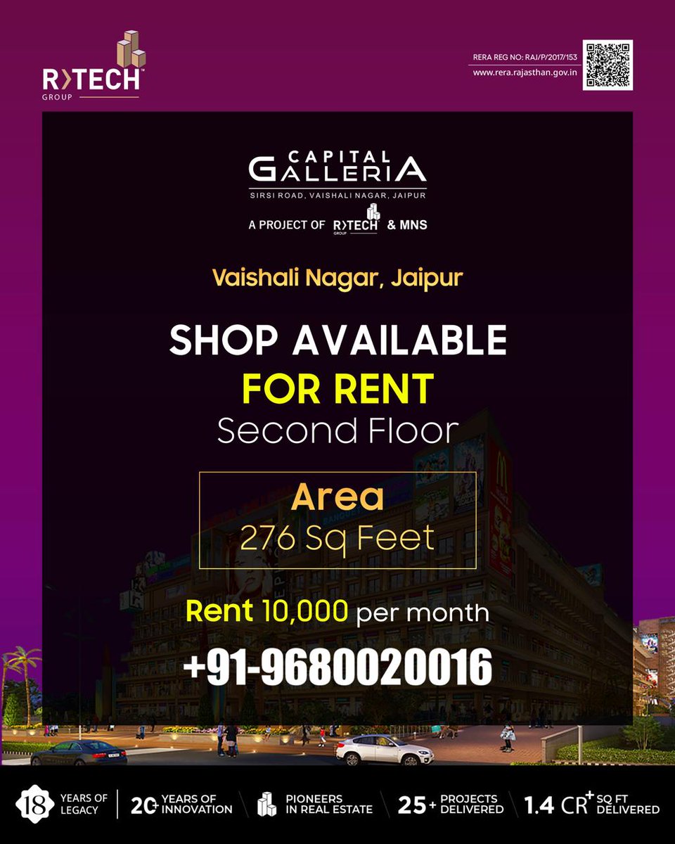 rtech_group's tweet image. 💼 Prime Shop Space for Rent in Vaishali Nagar!

📍 Second Floor | 276 Sq Ft | ₹10,000/month
Perfect for showrooms or service outlets.
📞 Call Now: +91-9680020016

#Rtechgroup #Commercial #shopforrent #Vaishalinagar #Lowbudget #Capitalgalleria #Jaipur #Rentshop #Location