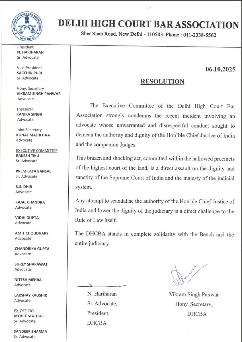 Delhi High Court Bar Association condemns lawyer's attempt to hurl a shoe at Chief Justice of India BR Gavai.

#SupremeCourt #SupremeCourtofIndia