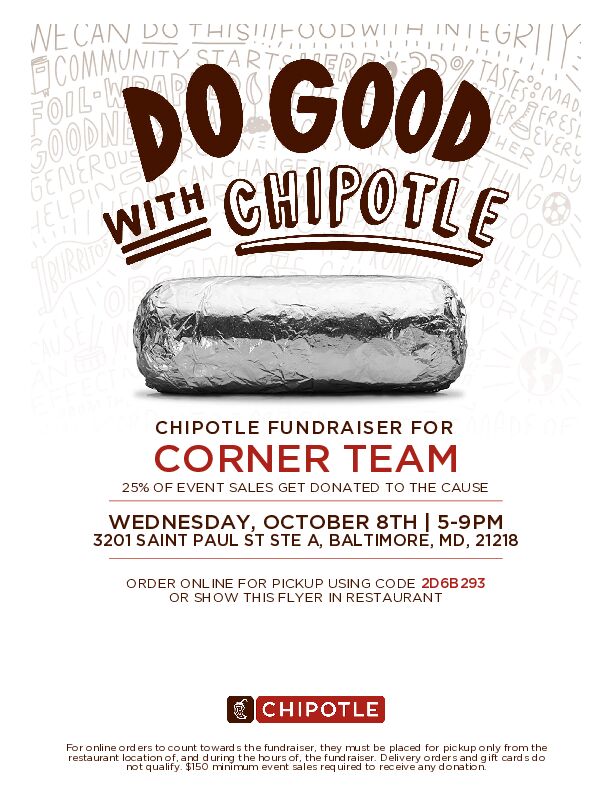 cornerteaminc's tweet photo. Support Corner Team this Wednesday! Eat at Chipotle in Charles Village or order takeout between 5-9pm to support our boxing &amp; fitness club!  #BaltimoreEats #CharlesVillage #ChipotleFundraiser #CornerTeam #CornerTeamInc #CharlesVillageLife https://t.co/q9wBGSU79s