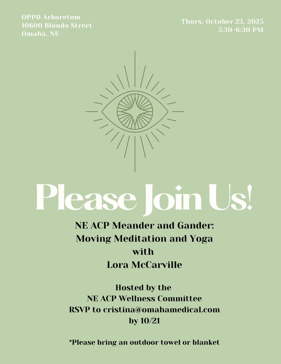 Nebraska Chapter American College of Physicians (@nebraska_acp) on Twitter photo New Date! Join us for a relaxing evening of moving meditation and yoga with Lora McCarville hosted by the NE ACP Wellness Committee. 
RSVP to cristina@omahamedical.com
Visit Lora's website loramccarville.com New Date! Join us for a relaxing evening of moving meditation and yoga with Lora McCarville hosted by the NE ACP Wellness Committee. 
RSVP to cristina@omahamedical.com
Visit Lora's website loramccarville.com