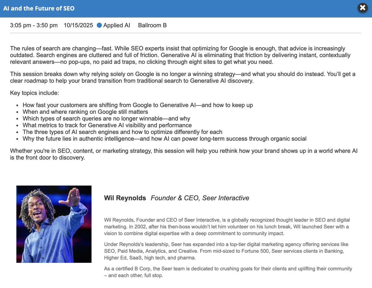 SEO is our bread and butter, and we're always looking at its future. Thrilled to have <a href="/wilreynolds/">Wil Reynolds</a> at #Maicon2025 to talk about AI and the future of SEO. Let's stay ahead of the curve!