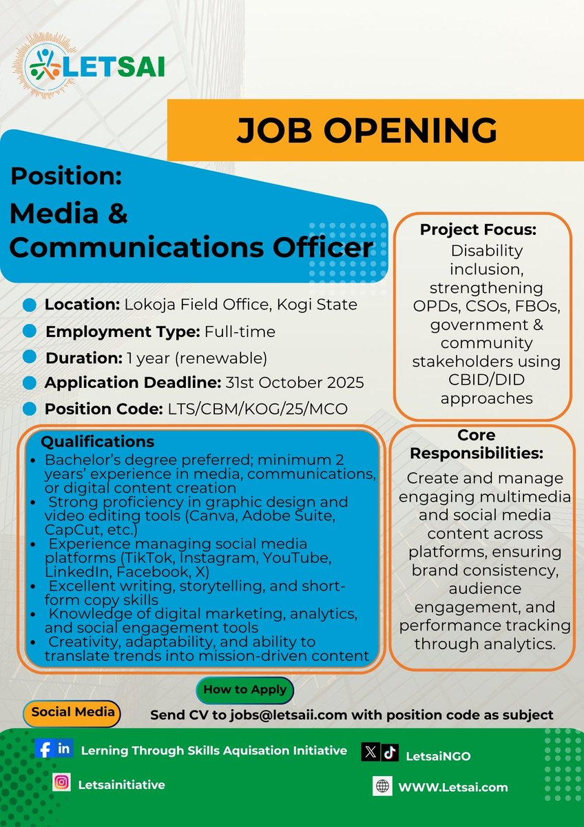 LetsaiNgo's tweet image. We’re Hiring: Media &amp;amp; Communications Officer

#MediaJobs
#CommunicationsOfficer
#DigitalStorytelling
#SocialImpact
#InclusiveDevelopment
#DisabilityInclusion
#KogiJobs
#JoinOurTeam
#CreativeCareers
#NigeriaJobs

@UNICEF_Nigeria
@UN
@UNHumanRights