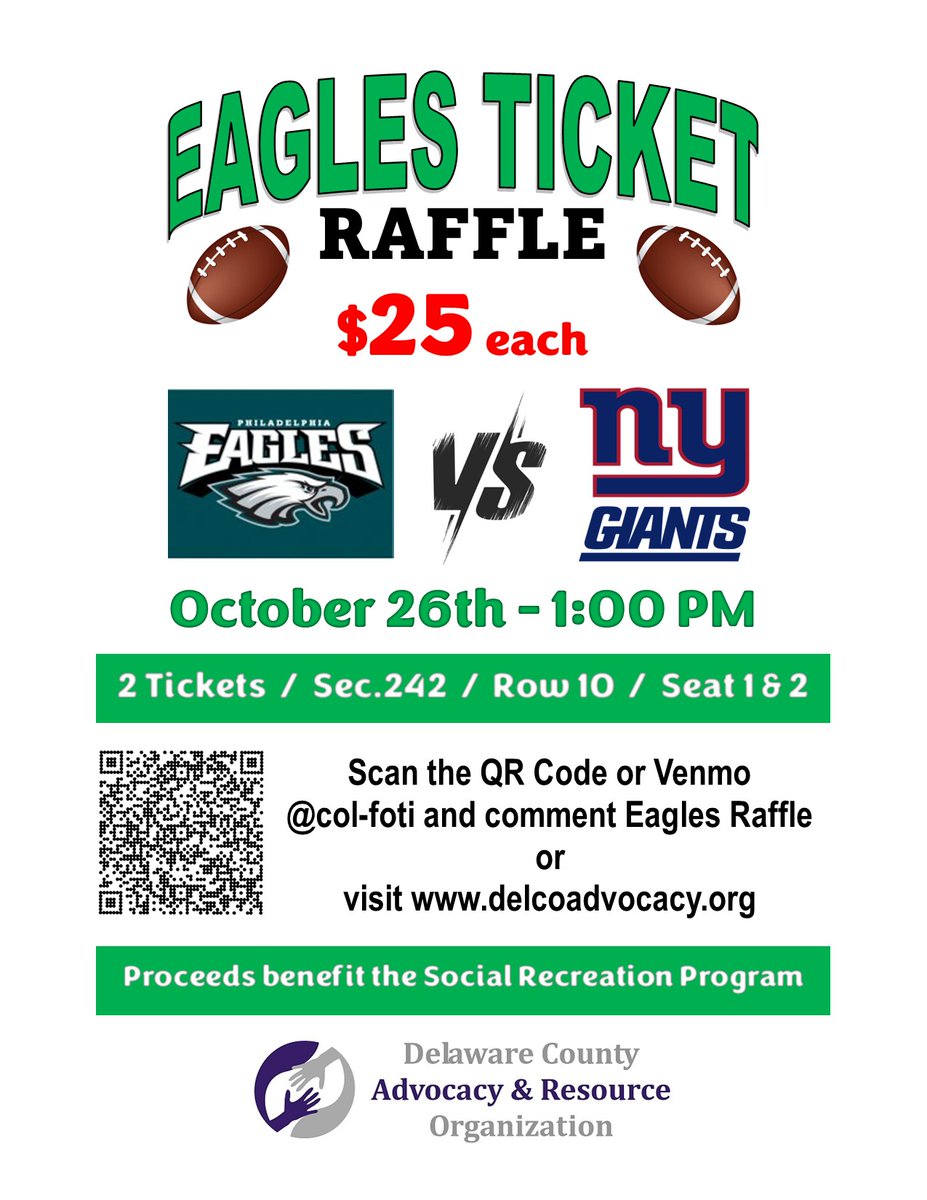 Win these $600 Eagles Tickets for just a $25 chance!  Go Birds!!!!!