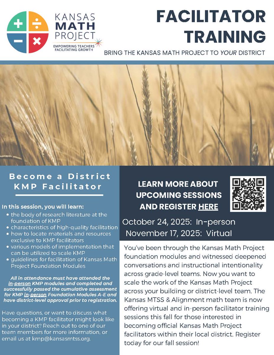 ksmtss's tweet photo. Kansas Math Project Facilitator Training-Register for an upcoming fall session on Oct. 24th or Nov. 17th.
Prior to the training, you need to have attended an in-person KMP Foundation training and received your certificate of completion. https://t.co/qoNBBttSEf