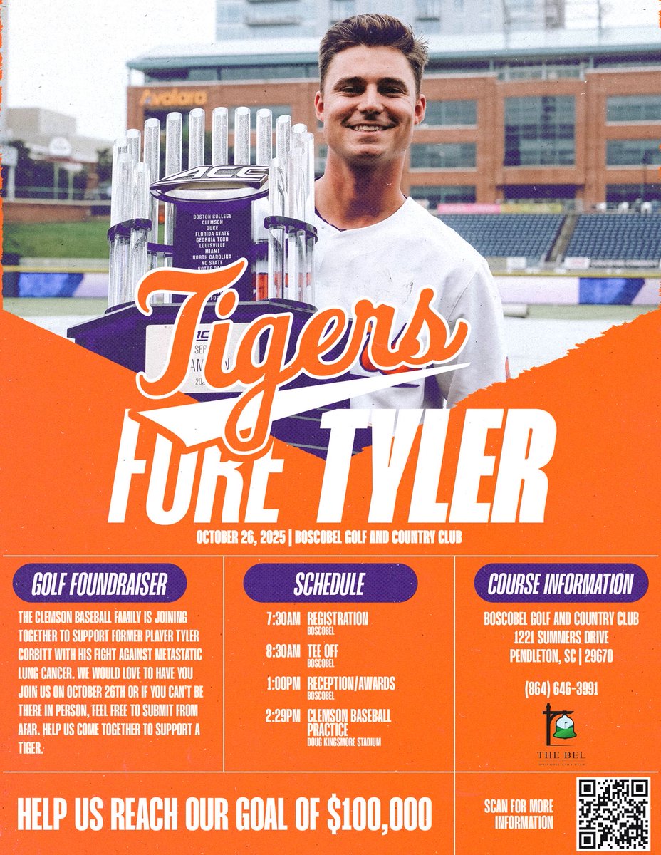 🐅⛳ The Clemson Baseball family is rallying around former Tiger Tyler Corbitt in his fight against cancer. Join us Oct. 26 at Boscobel Golf &amp; CC for the Tigers Fore Tyler fundraiser. Let’s help reach our $100K goal!

🔗 tigersforetyler.com

#TigersForeTyler #ClemsonFamily
