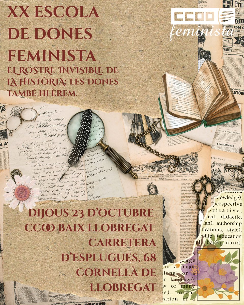 DonesCCOOCat's tweet image. XX Escola de Dones Feminista de CCOO de Catalunya! Enguany reflexionarem sobre la invisibilitat de les dones al llarg de la història.

📅 23 d’octubre de 9.30 a 18h
📍 Seu de CCOO Baix Llobregat – Carretera d&apos;Esplugues, 68. Cornellà de Llobregat