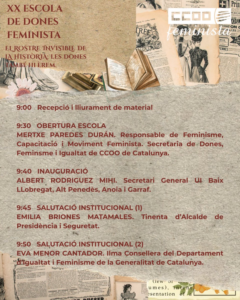 DonesCCOOCat's tweet image. XX Escola de Dones Feminista de CCOO de Catalunya! Enguany reflexionarem sobre la invisibilitat de les dones al llarg de la història.

📅 23 d’octubre de 9.30 a 18h
📍 Seu de CCOO Baix Llobregat – Carretera d&apos;Esplugues, 68. Cornellà de Llobregat