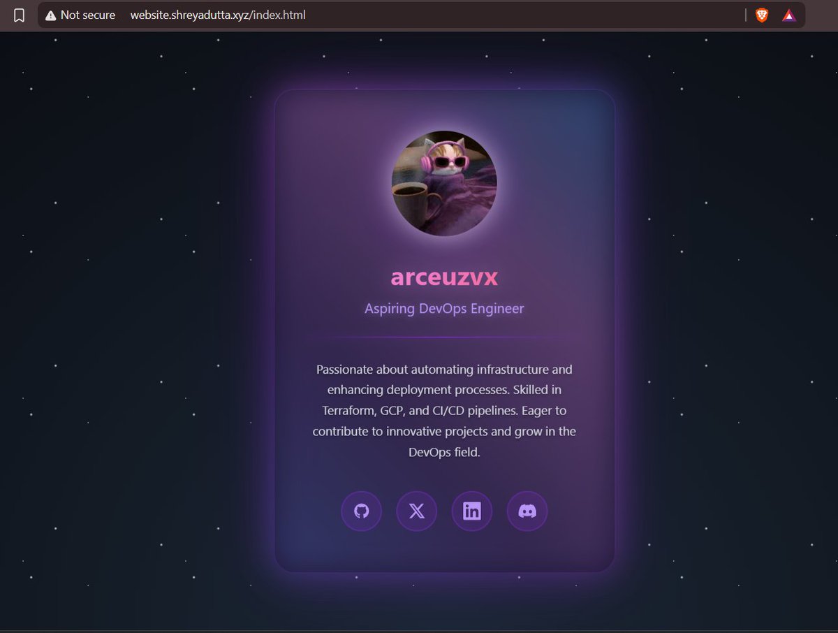 arceuzvx's tweet image. Day 🤔 of #100daysofDevOps 🌸

finally hosted this basic portfolio card after a few days of heart break &amp;amp; confusion 😭

#100DaysOfCode #GCP #terraform