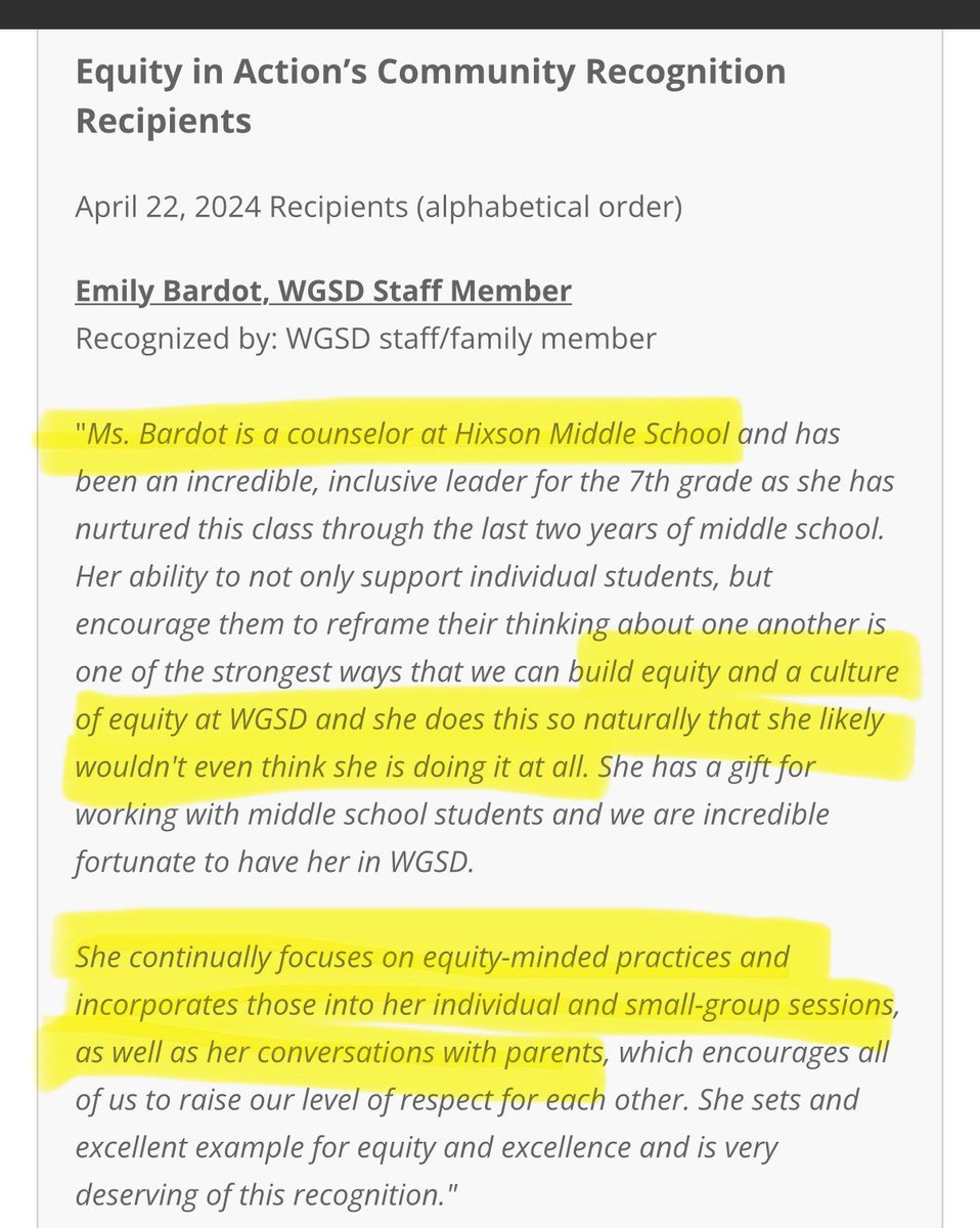 The Equity in Action Committee for Webster Groves School District exists to “activate” equitable practices into the community.

Now taking nominees for their activism award.

Last year they honored a middle school counselor who focuses on equity in her sessions with students.