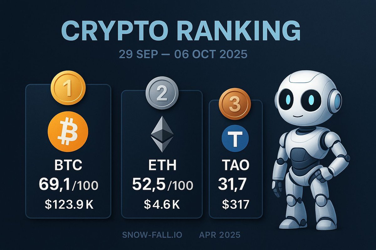 Snow_FalI's tweet image. 📊 #CryptoRanking | Semaine 29 SEP – 06 OCT 2025
Catégorie 1 — les titans du marché.

🥇 #BTC : 69.1/100 — $125.2K
Le roi reste sur son trône 👑, soutenu par une liquidité record.

🥈 #ETH : 52.5/100 — $4.6K
Solide, stable, mais sans vraie surprise côté momentum.

🥉 #TAO :