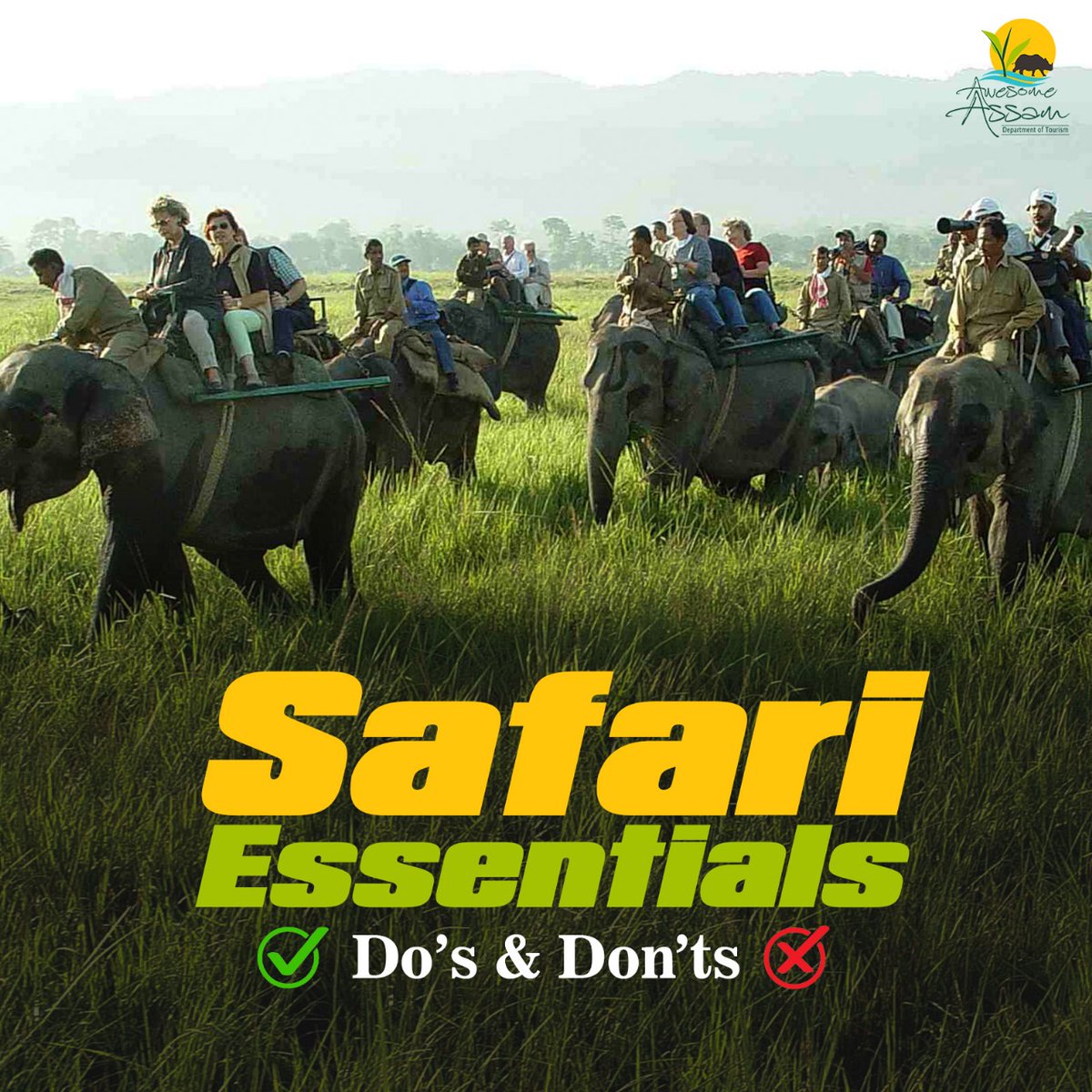 aweassam's tweet image. Step into the wild with respect and curiosity. Listen, observe, and let nature reveal its wonders, without ever disturbing its rhythm.
For more information about Awesome Assam and bookings etc. log on to assamtourism.gov.in

#AwesomeAssam
#DosandDonts
#SafariEssentials