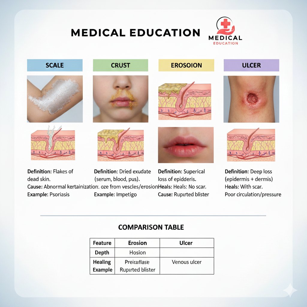 UpdatedNew0's tweet image. Erosions and Ulcers 🩺

Both are losses of skin surface, but they differ in depth and healing.

---

🔹 EROSION

Definition:
A superficial loss of the epidermis only — the dermis is intact.

Key Features:

Shallow, moist, shiny area

Heals without s