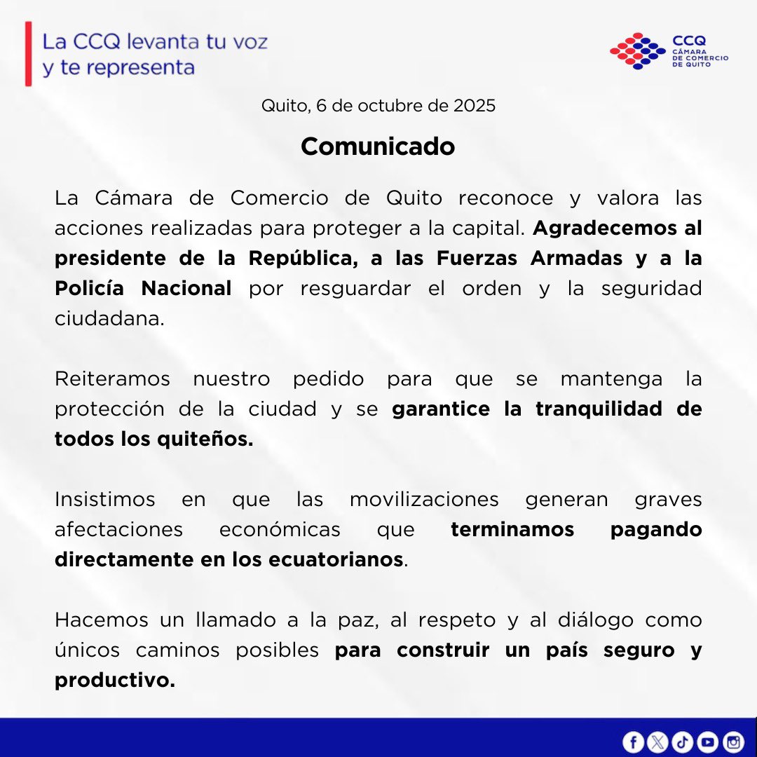 Reconocemos y valoramos las acciones para proteger a Quito.
Agradecemos al presidente <a href="/DanielNoboaOk/">Daniel Noboa Azin</a>, a las FFAA y a la Policía Nacional.
Las movilizaciones afectan al país.